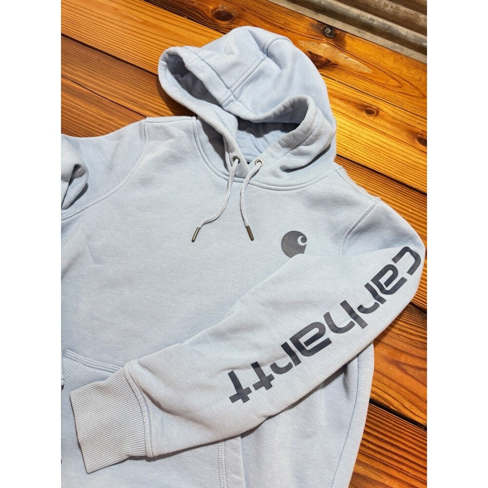 Carhartt Hoodie Womens S (4-6) Light Blue Relaxed Fit Spellout Logo Sweatshirt